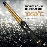 Professional temperature curling iron with gold and black design on a glittery background