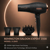 Remington Saloon Expert 3500 hair dryer with attachments on a brown background