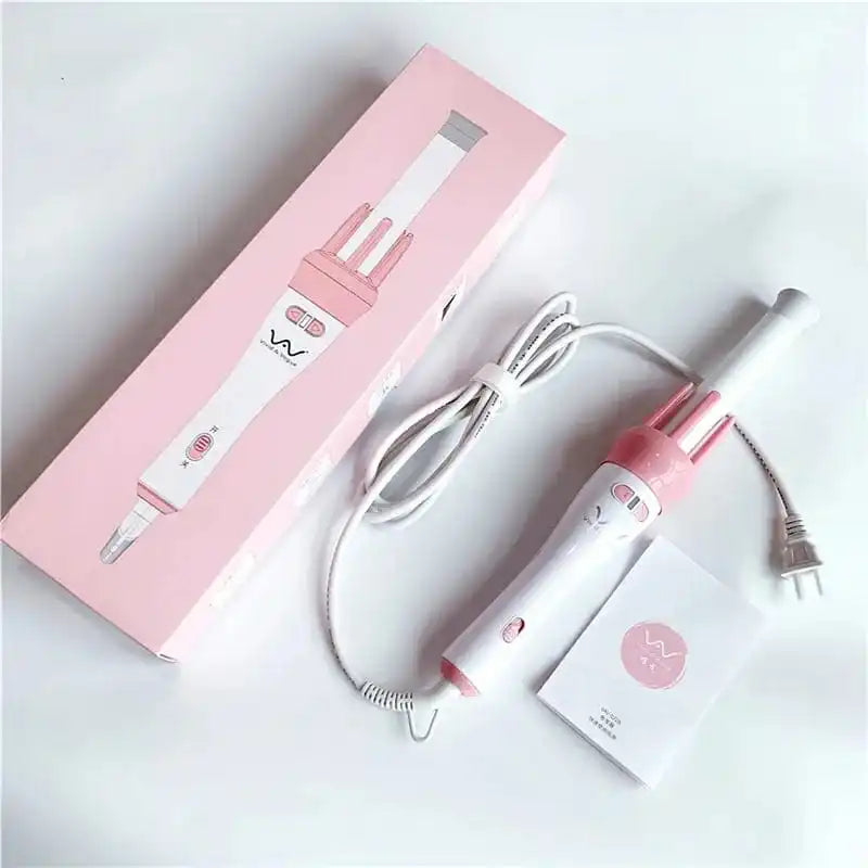 Automatic Pink Hair Curler with 360° Rotation, showcased with its packaging, power cord, and a cleaning brush. The curler is pink, and the packaging is also pink with the brand's logo.