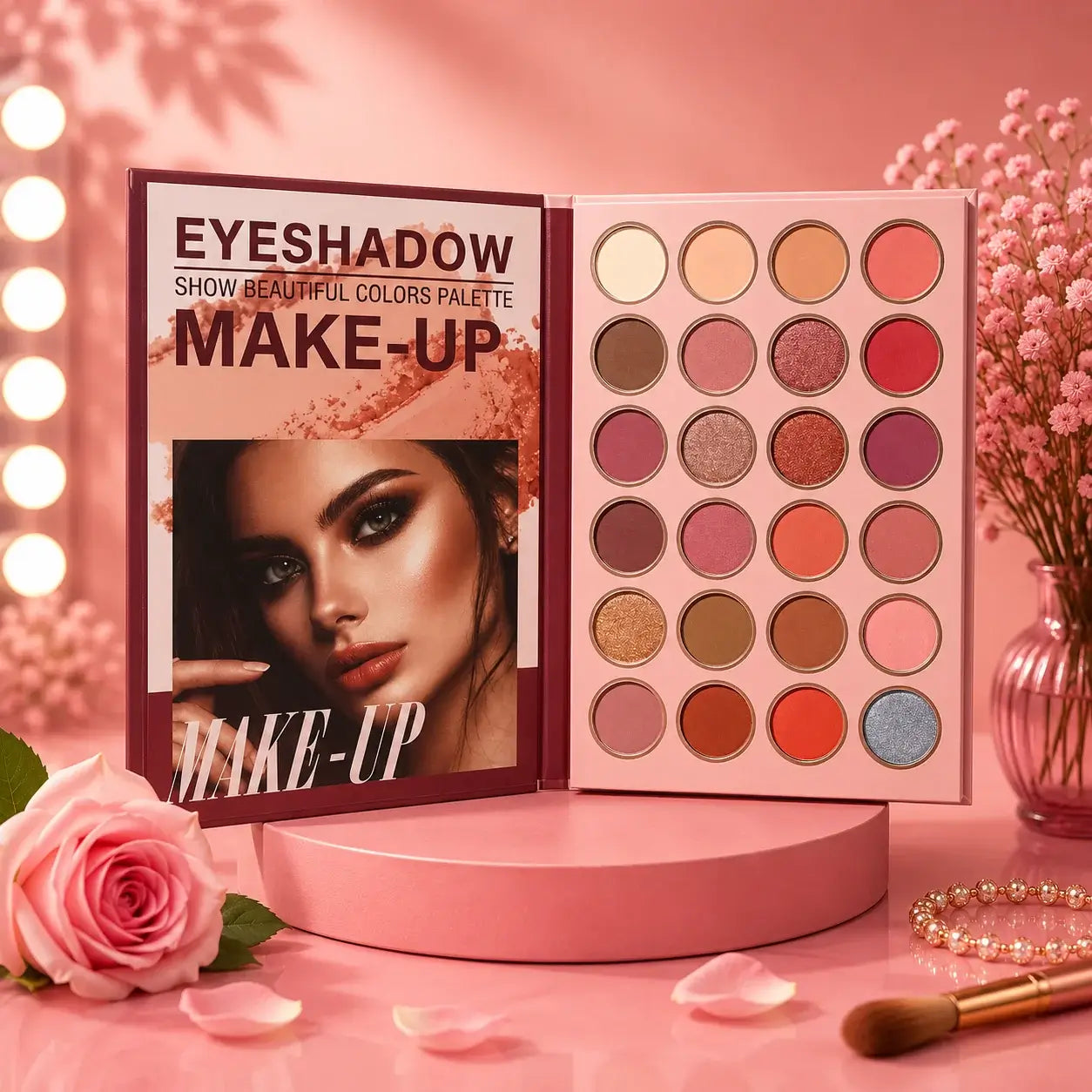 Make-up eyeshadow palette with a woman's face on the packaging, surrounded by flowers and a lamp.