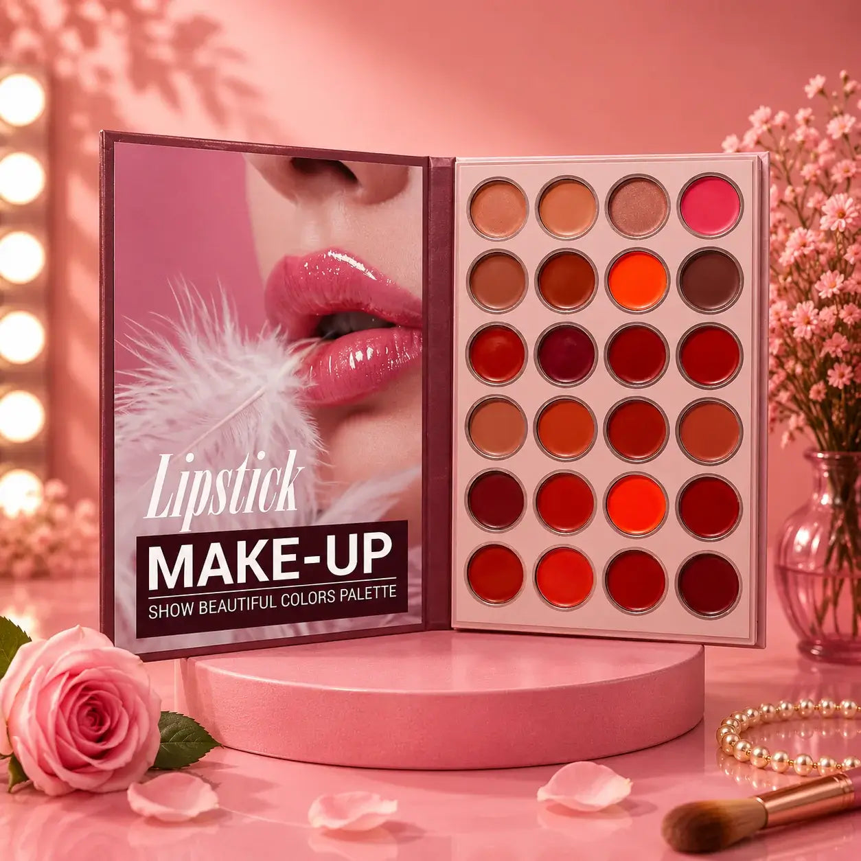 An open makeup palette displayed on a pink pedestal, showing a 20-shade lipstick color range from nude, beige, and orange to deep reds and bright coral. The left cover features a pink design with a close-up of glossy lips and a feather, with the text 'Lipstick MAKE-UP SHOW BEAUTIFUL COLORS PALETTE'.