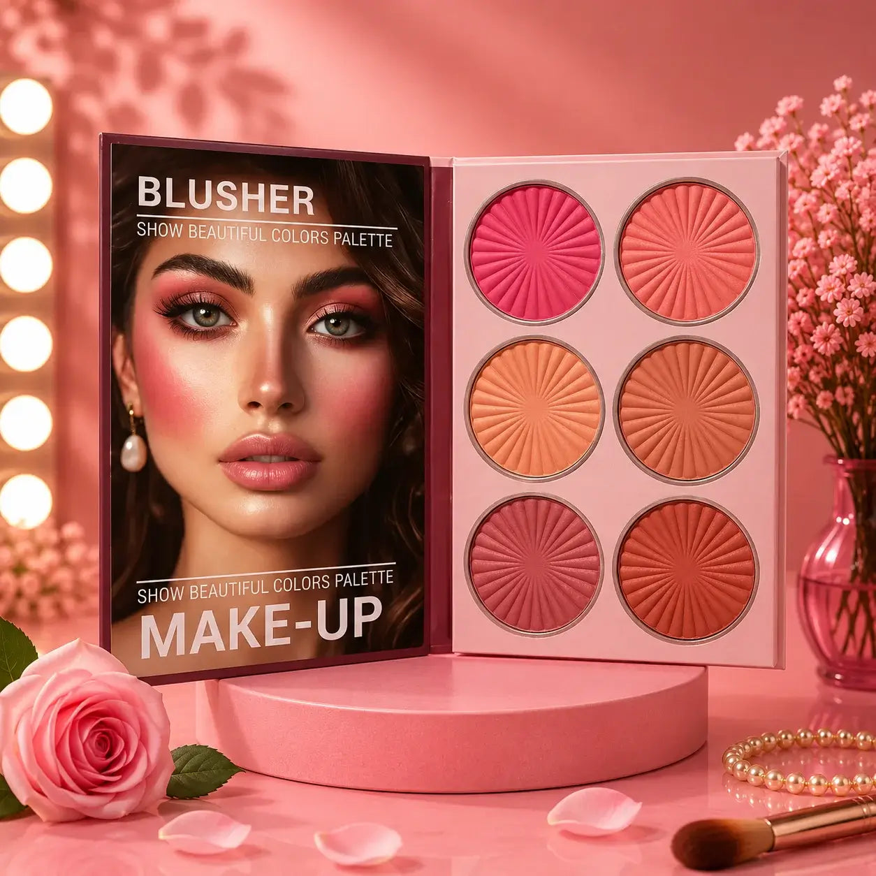Make-up palette with blush colors on a pink background
