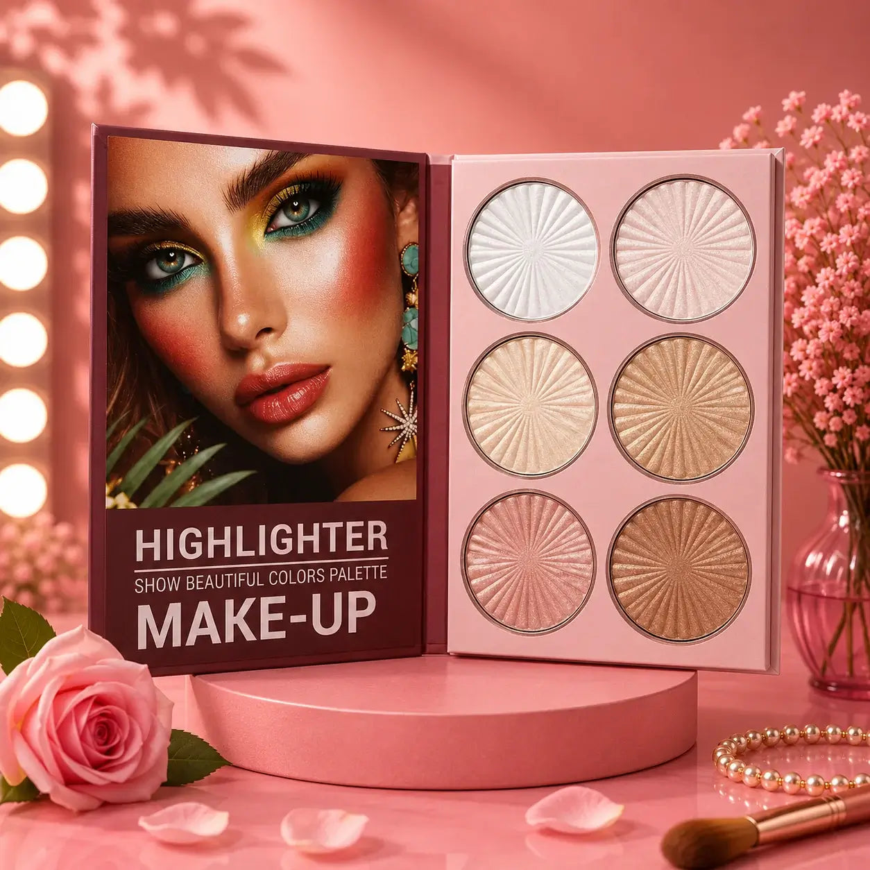 Make-up highlighter palette with a model's face on the packaging against a pink background.