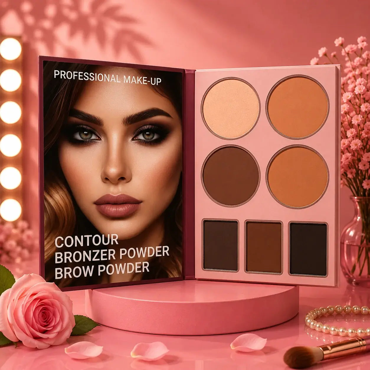 Makeup palette with color swatches on a pink background