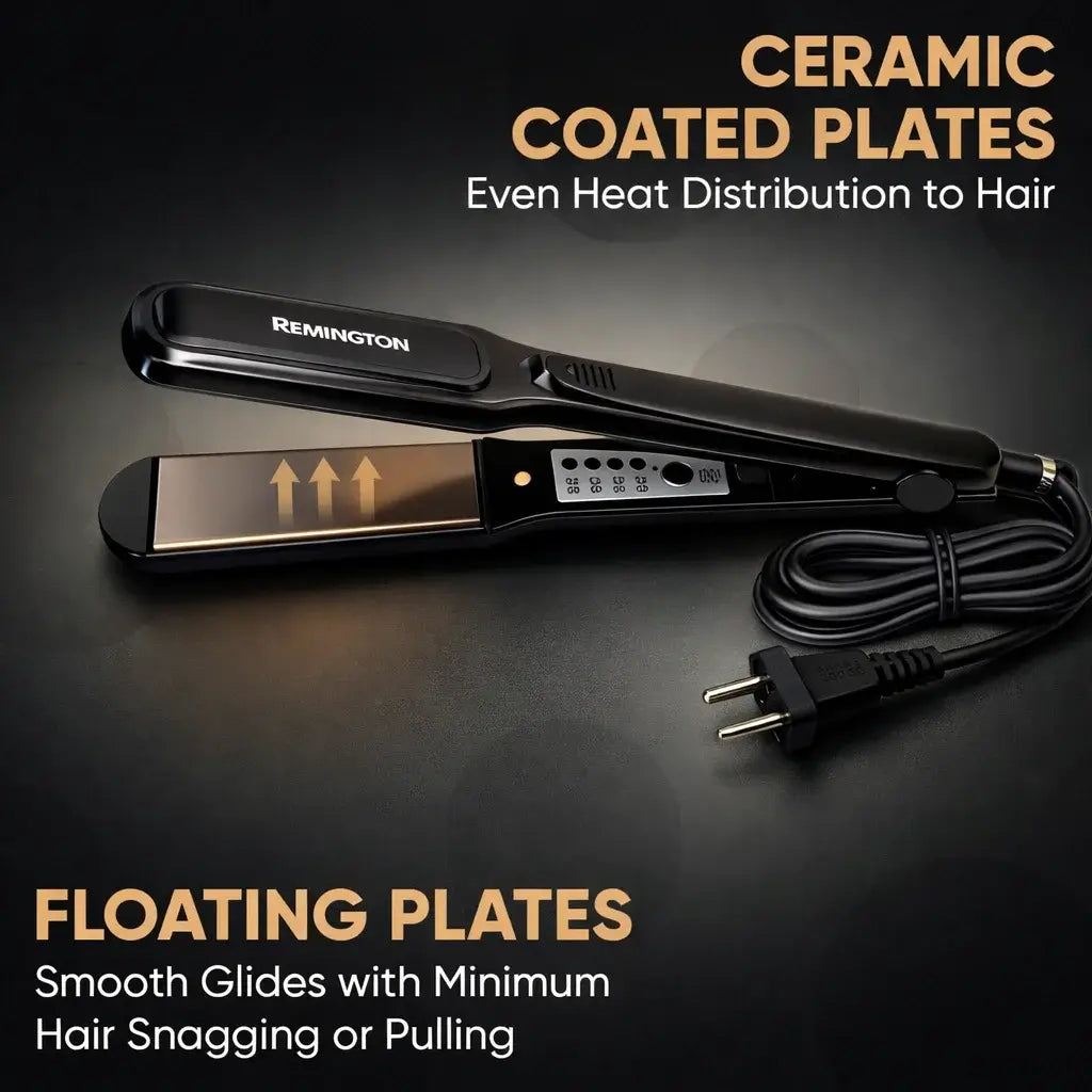 Remington hair straightener with ceramic coated plates and floating plates features on a dark background.