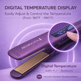 Purple Remington hair straightener with digital temperature display on a purple background