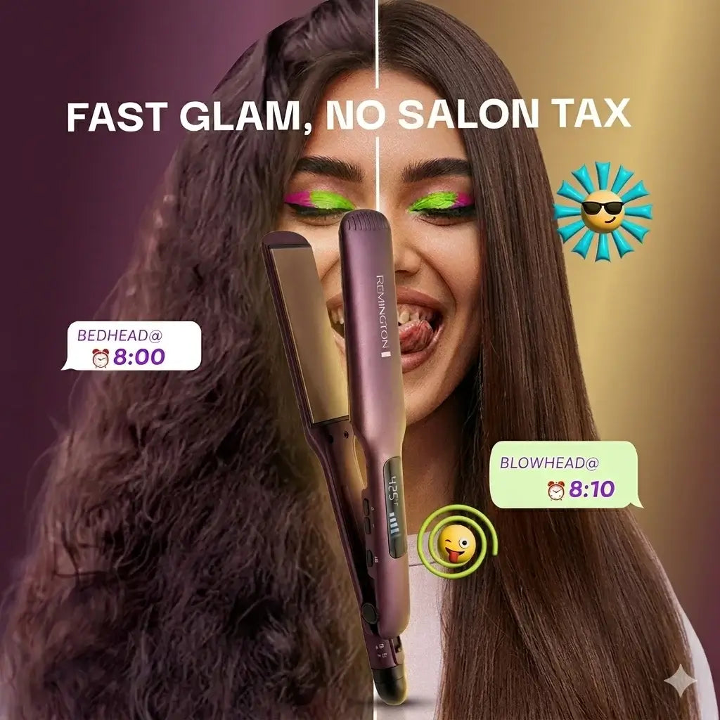 Woman with styled hair using a hair straightener, with text 'Fast glam, no salon tax' and time stamps.