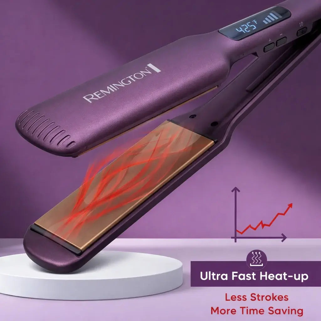 Purple Remington hair straightener with digital display on a purple background
