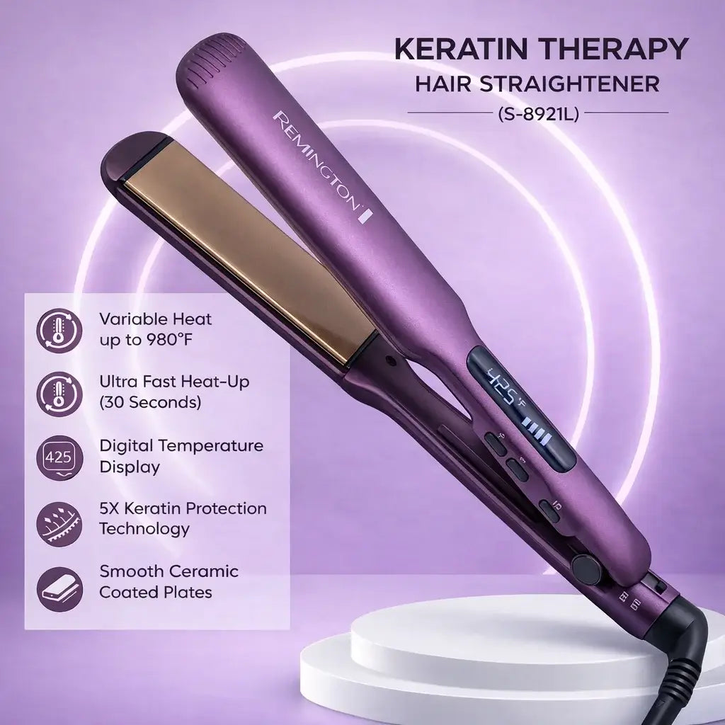 Purple Remington hair straightener with features listed on a purple background