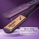 Remington hair straightener with 38mm wide smooth ceramic plates on a purple background