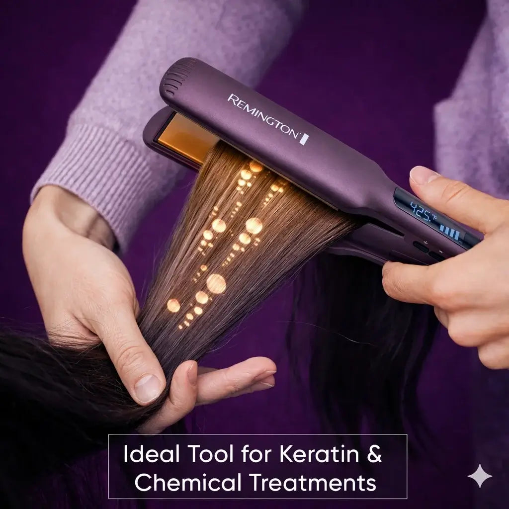 Person using a Remington hair straightener on hair with a purple background