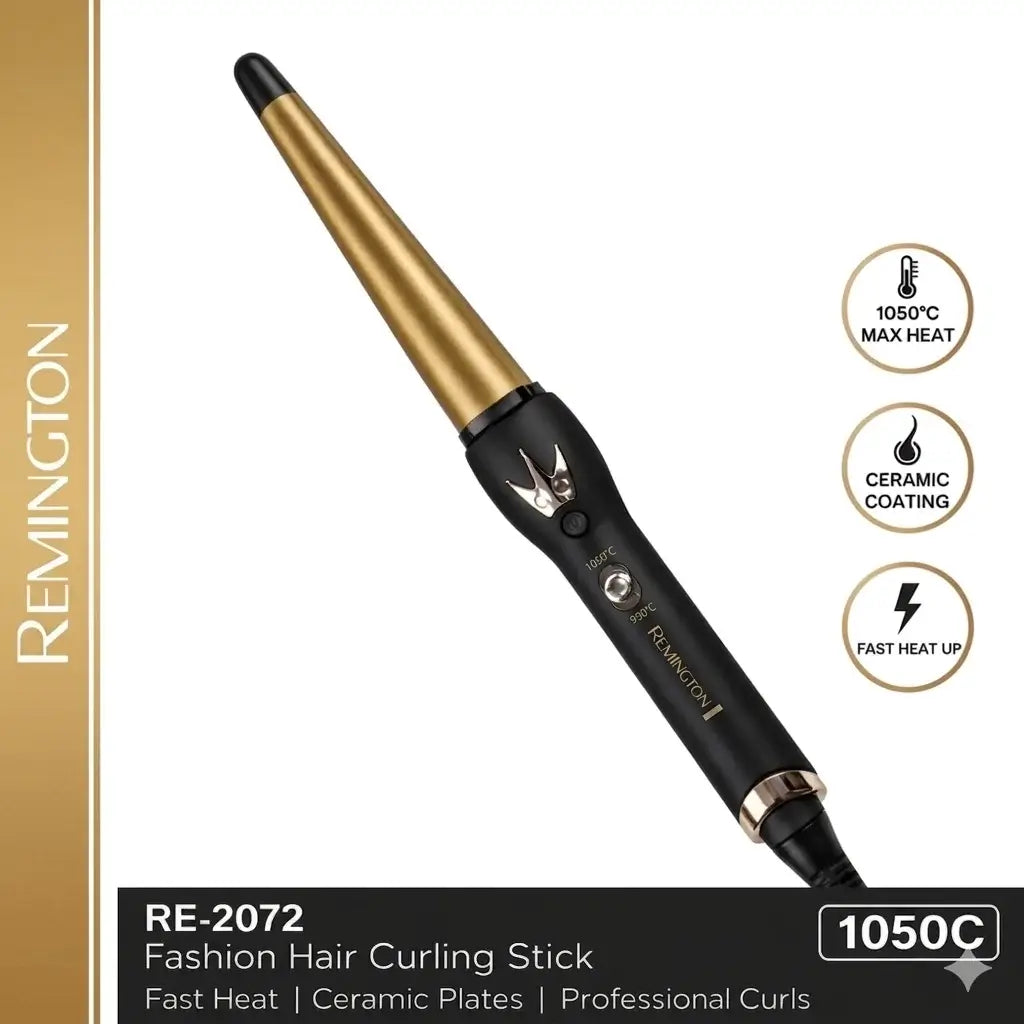 Remington hair curling stick with gold and black design on a white background