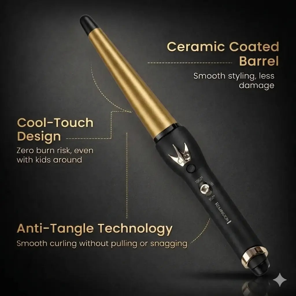 Hair curling iron with features highlighted on a dark background