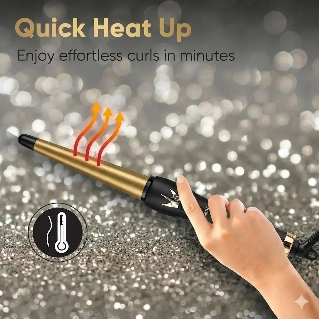 Gold and black curling iron with hand holding it on a glittery background, text 'Quick Heat Up' and 'Enjoy effortless curls in minutes'.