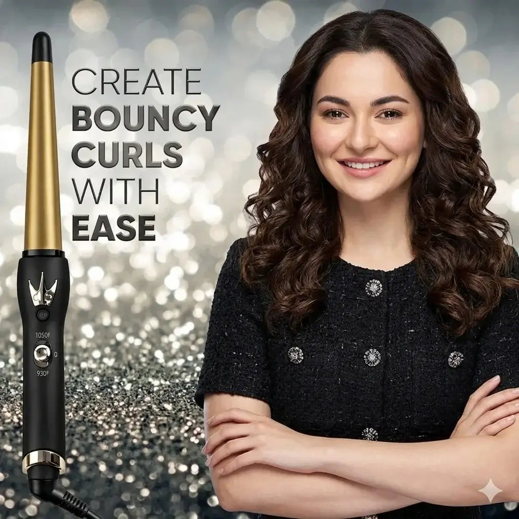 Woman with styled hair next to a curling iron with text 'Create bouncy curls with ease' on a glittery background.