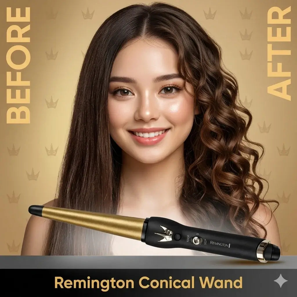 Before and after comparison of hair using a Remington Conical Wand on a gold background.
