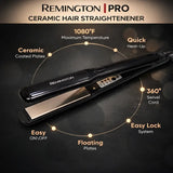 Remington Pro ceramic hair straightener with features highlighted on a dark background