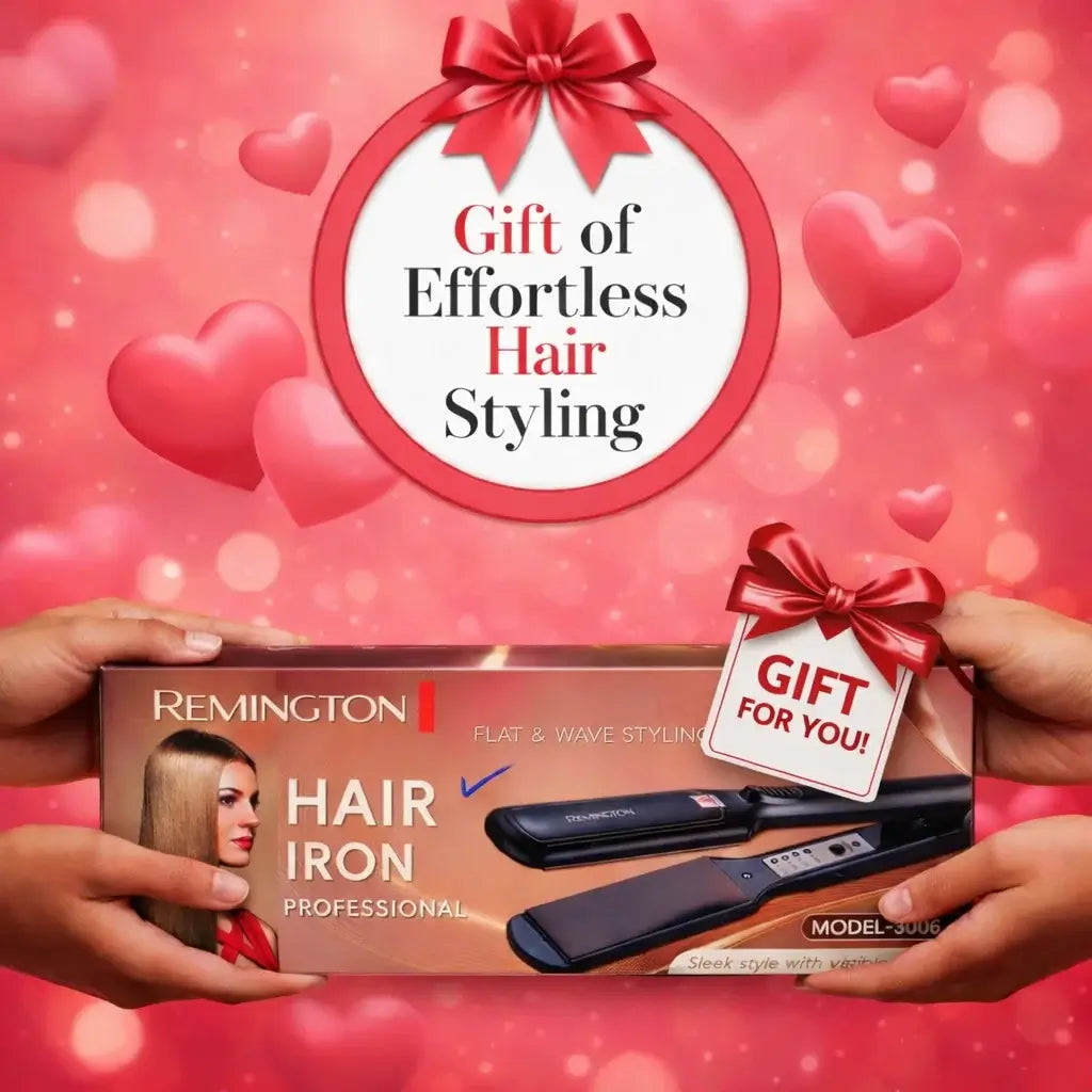 Remington hair iron packaging with a 'Gift of Effortless Hair Styling' label on a heart-themed background.