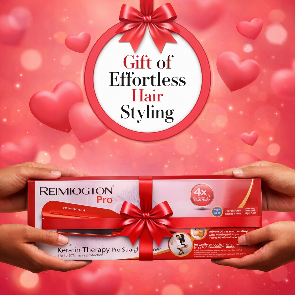 REIMIOGTON Pro hair straightener set with a red bow against a pink heart-themed background