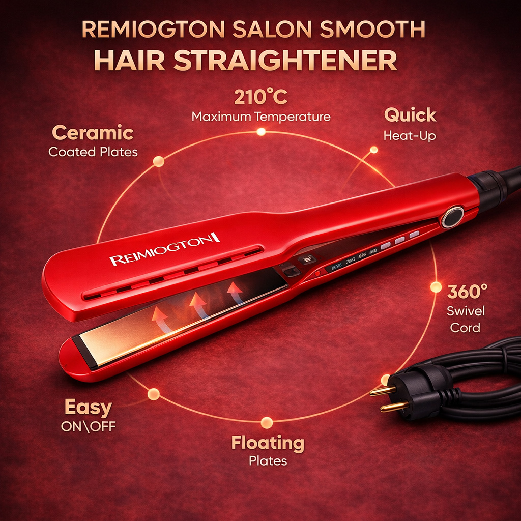 Red hair straightener with features highlighted on a red background