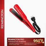 Red Remington hair straightener with packaging on a white background