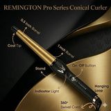 Remington Pro Series Conical Curler with labeled features on a black and gold background