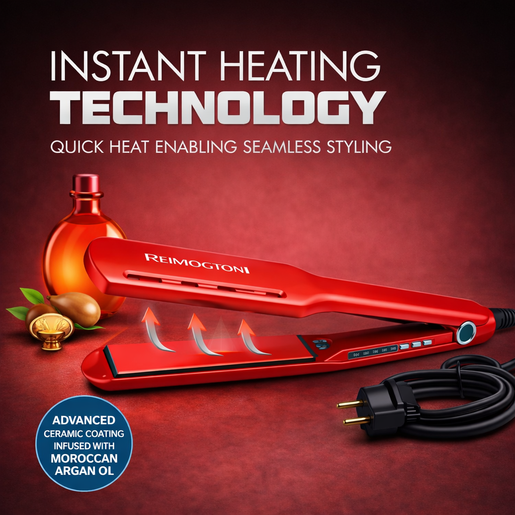 Red hair straightener with 'REIMOQTONI' branding on a red background, featuring text about instant heating technology.