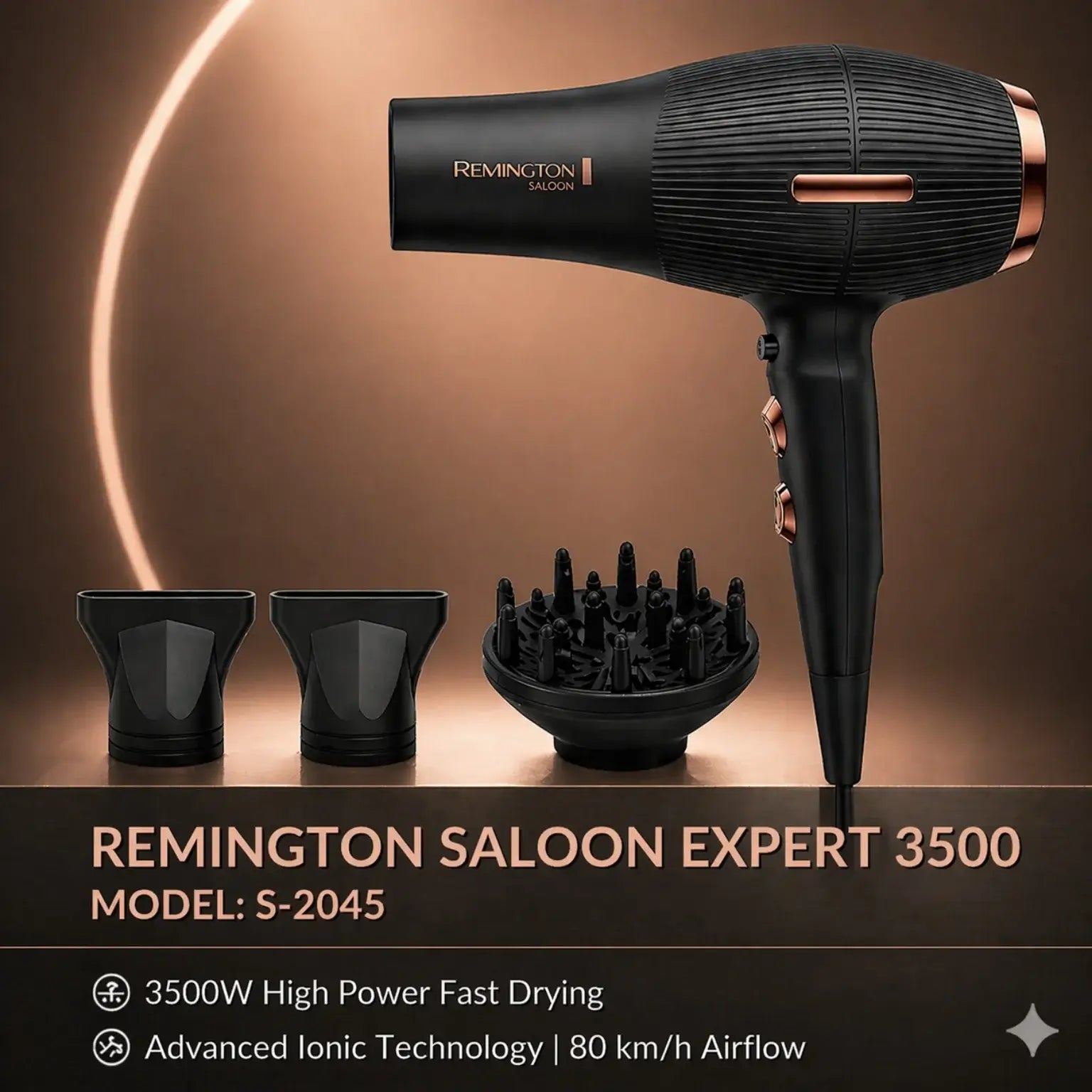 Remington Saloon Expert 3500 hair dryer with attachments on a brown background